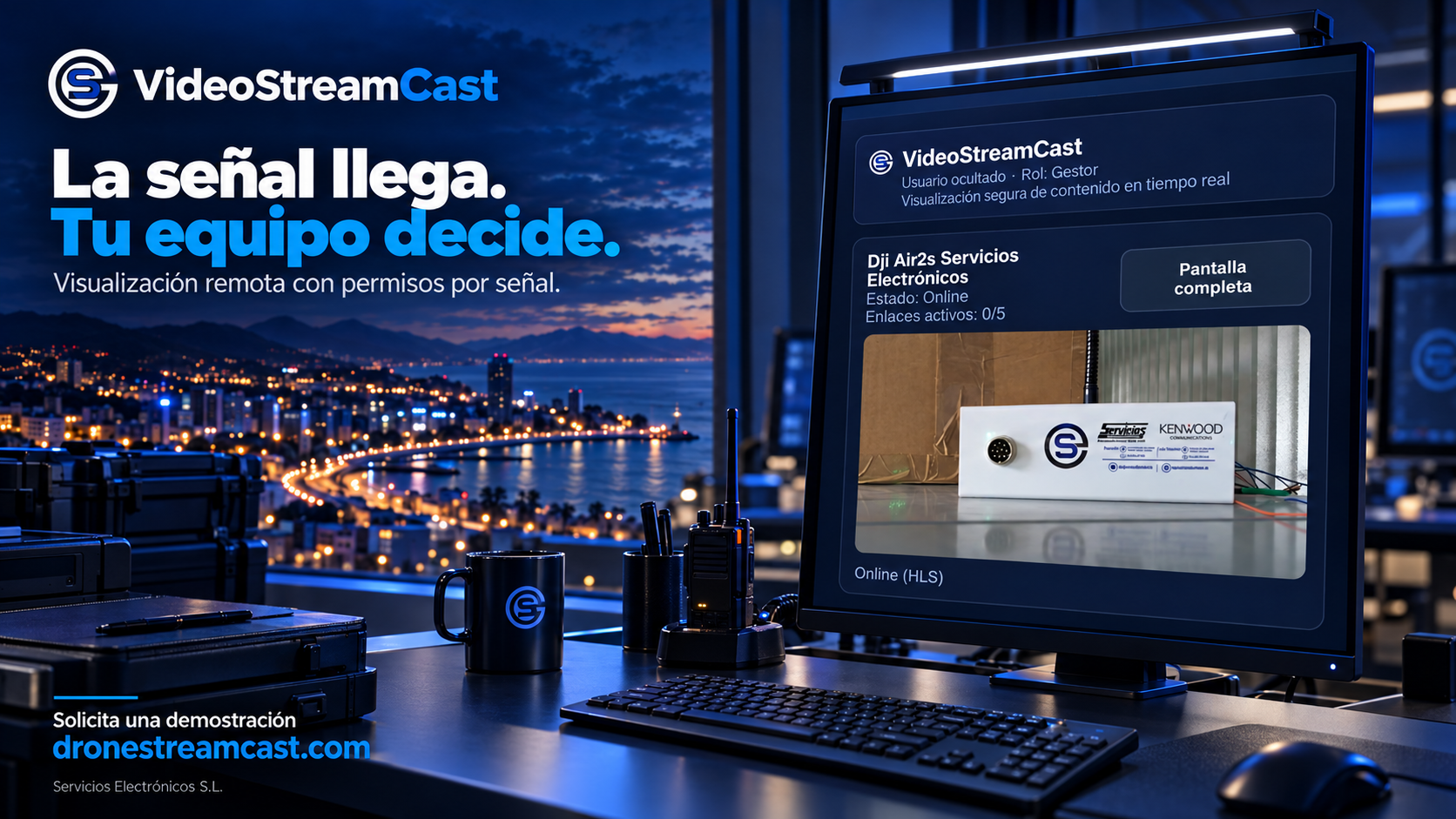 Composición publicitaria de VideoStreamCast con una captura real del software
